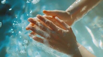 Fototapeta premium A woman applying alcohol gel to her hands, focusing on the transparent gel and clean skin, with a bright, sterile background.