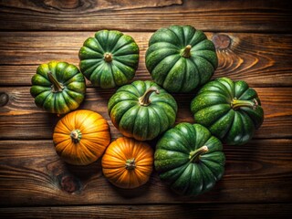 Minimalist Halloween Still Life with Green Pumpkins on Rustic Wooden Table, Perfect for Autumn Decor and Seasonal Celebrations, Copy Space for Text and Graphics
