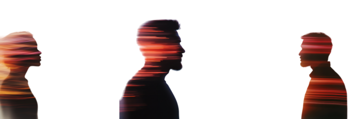 Three silhouettes of individuals face each other, surrounded by vibrant colors that create a sense of movement and energy. Their expressions reflect introspection and connection isolated PNG