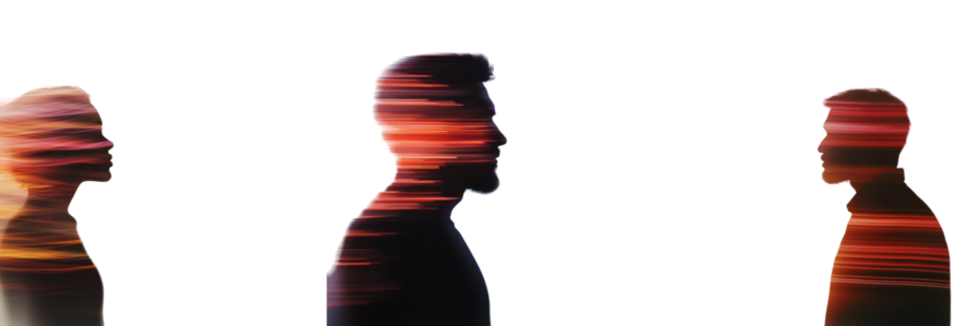 Three silhouettes of individuals face each other, surrounded by vibrant colors that create a sense of movement and energy. Their expressions reflect introspection and connection isolated PNG - Powered by Adobe
