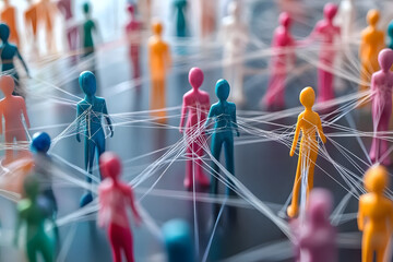 Colorful figures connected by strings, depicting networking and interaction within a social framework model.