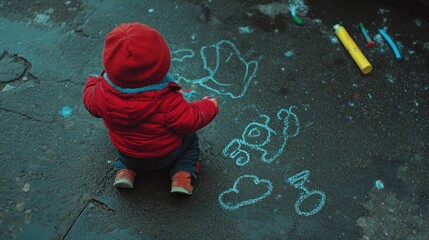 Excited toddler drawing scribbles and shapes with chalk on the asphalt, the artwork full of imagination.