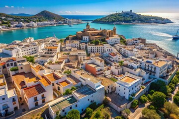 Aerial View of Ibiza Town, Spain: Minimalist Summer Landscape with Blue Sky