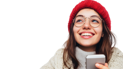 Happy young woman using cell phone, isolated on white background