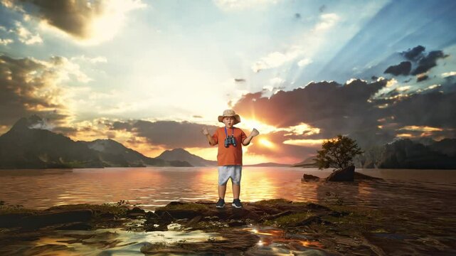 Asian Boy With A Hat Standing Doubtfully And Asking Why After Looking Through The Binoculars. Boy Researcher Examines Something At A Lake, Travel Adventure, Full Body
