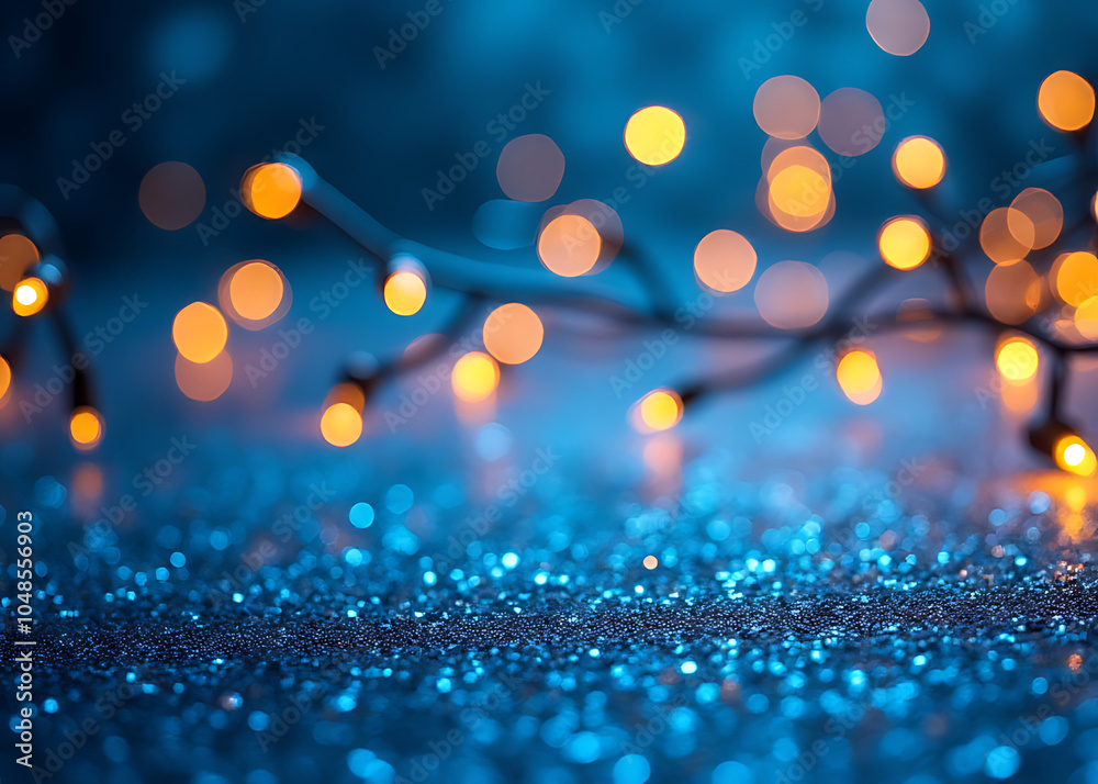 Aufkleber vibrant blue and gold glitter in a shiny defocused background with abstract christmas lights create 