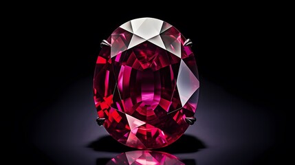 Fototapeta premium A radiant red gemstone surrounded by smaller gems on a dark rocky background.