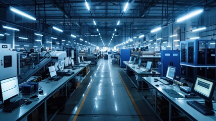 Obraz premium A Long View Down a Row of Computer Workstations in a Modern Factory