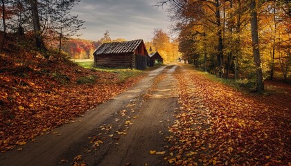 Camino rural en medio del bosque con casas de madera