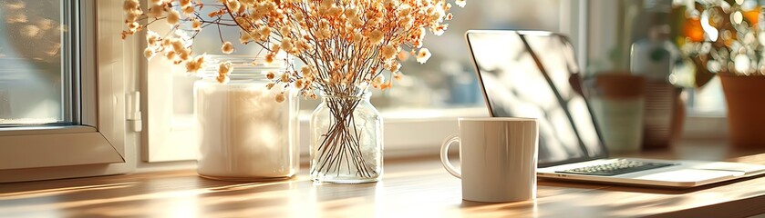 A cozy workspace with plants, a laptop, and a coffee mug on a sunny day.