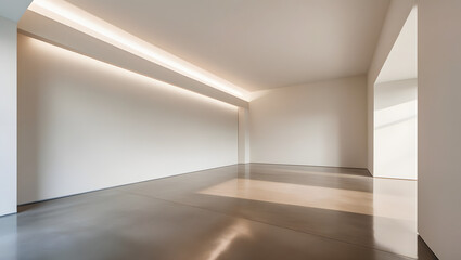 Neutral-toned studio space with a blank wall and polished concrete floors.