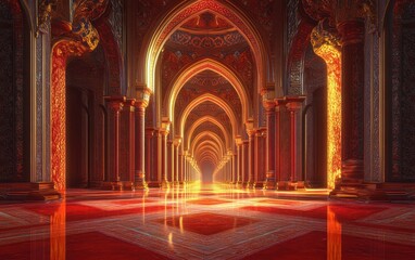 Obraz premium Golden Arches and Pillars in a Fantasy Palace Hallway with Red Marble Floor and Glowing Light