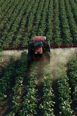 Fototapeta premium Tractor spraying pesticides at soy bean field.