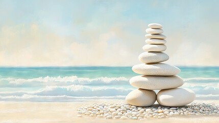 Pebbles stacked in a perfect tower on the beach, with the wide-open sea and pastel sky in the background, symbolizing peace and balance.