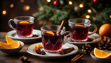 Fototapeta premium Warm and inviting, this festive holiday gathering features three glasses of spiced mulled wine garnished with orange slices and cinnamon sticks, perfect for celebrating season