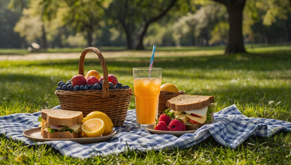 delightful picnic scene in sunny park featuring sandwiches, fresh fruits, and refreshing drink. vibrant colors and serene setting create joyful atmosphere