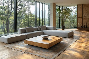 Fototapeta premium Mid century Modern interiors in the living room with windows and gray sofas and tables. Generative AI 