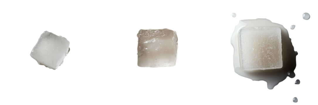 Three ice cubes of different sizes are displayed, gradually melting and releasing water droplets, set against a clean white background. The melting process creates a visually refreshing effect