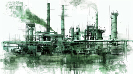 Fototapeta premium Industrial plant in a green sketch style