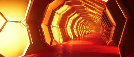Naklejka premium Abstract Golden Hexagon Tunnel with Red Floor 3D Render.