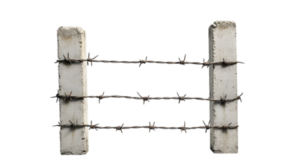 Barbed wire with concrete pillars, isolated on white background