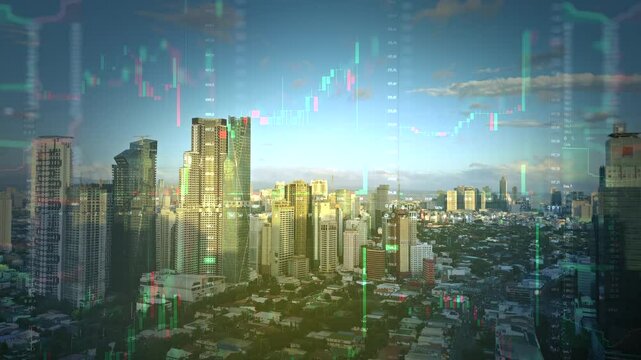 Aerial view of skyscrapers buildings of business district Manila city on background of stock charts. Business financial concept, 4k