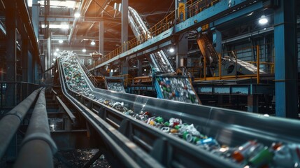 Obraz premium Conveyor belt carrying recycled waste in a factory