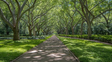 Obraz premium A beautiful, serene walkway flanked by towering trees with lush green foliage, casting dappled sunlight on the path in a tranquil park setting