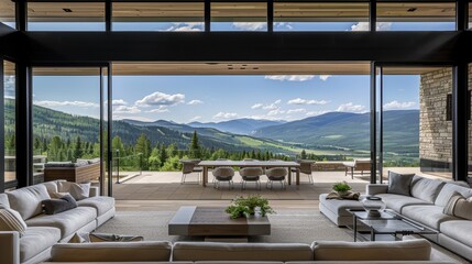 Fototapeta premium A breathtaking panoramic view from a luxurious modern living room overlooking a serene mountainous landscape through expansive floor-to-ceiling windows, blending indoor and outdoor spaces elegantly