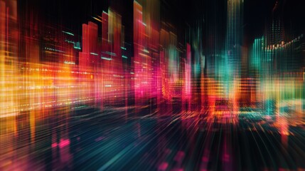 Abstract Cityscape with Vibrant Neon Lights and Streaks of Color.