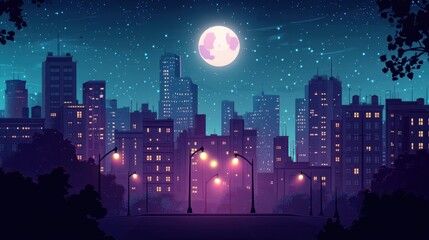 Nighttime Cityscape with Full Moon and Stars - Illustration.