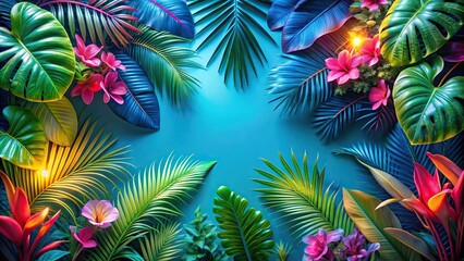 Naklejka premium Tropical background with fresh leaves and colorful flowers on pastel blue wallpaper