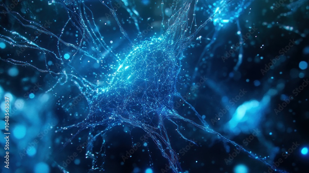 Poster Abstract Representation of a Neuron with a Blue and White Color Palette