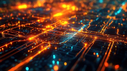 Fototapeta premium Abstract Futuristic Circuit Board with Glowing Orange Lines and Blue Lights - Technology Background