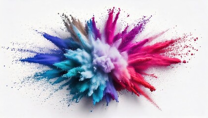 Obraz premium A vibrant explosion of colored powder against a clean white background creates a dynamic and energetic look