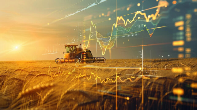 golden wheat field and a yellow harvester working in it, a digital screen showing a growth chart of financial market data