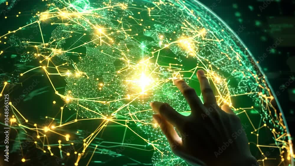 Aufkleber a hand reaches towards a digital globe, symbolizing connectivity and technology.