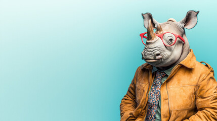 Rhino in a Brown Jacket and Red Glasses