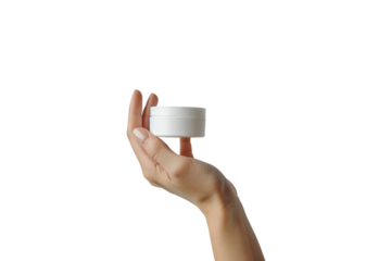 Artistic shot of a hand with a skincare cream jar symbolizing beauty and wellness isolated on transparent background