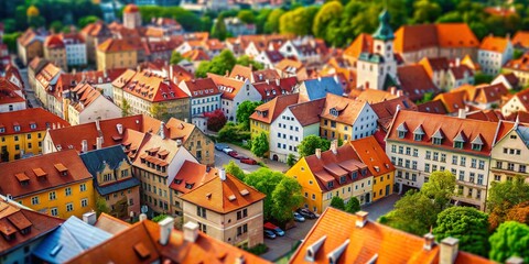 Naklejka premium Bird's Eye View of Old City Houses in Tilt-Shift Style Photography for Captivating Urban Landscapes
