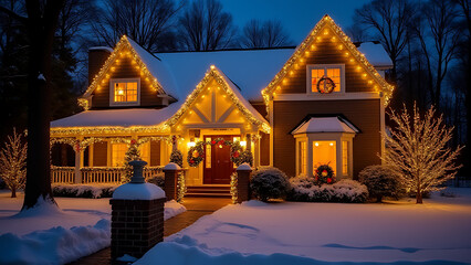Softly glowing lights adorn homes during Christmas season with festive holiday decorations outside on winter evenings.