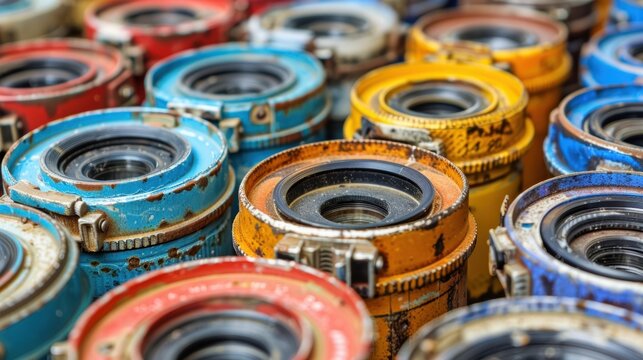 A collection of multi-colored vintage camera lenses arranged closely together with a focus on their intricate details and textures