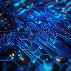 Abstract Blue and Orange Circuit Board with Glowing Lines and Points - Technology Background