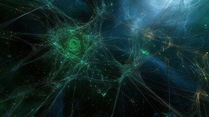 Abstract Green and Blue Web Pattern with Glowing Lights on Dark Background - Futuristic Digital Art.