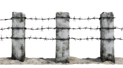 Barbed wire with concrete pillars, isolated on white background