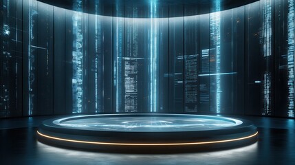 Futuristic Sci-Fi Stage with Digital Code Background.