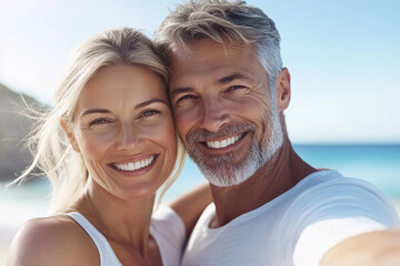 An older couple with gray hair takes a selfie on the beach, showing off perfect teeth, ideal for dental company advertising.
