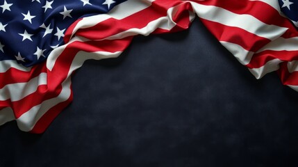 A large American flag is draped over a black background
