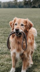 Obraz premium Golden Retriever on Grass Holding Blue Leash