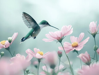 Obraz premium Delicate hummingbird hovering near pink flowers, showcasing natures beauty and grace. soft colors create serene atmosphere, inviting tranquility and wonder